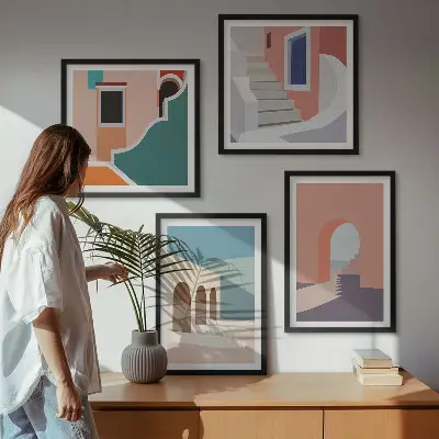 Wanddeko-Set mit minimalistischen Pastellgrafiken