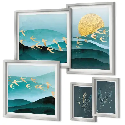Modernes Wandbilder-Set die Harmonie von Vögeln und Wellen