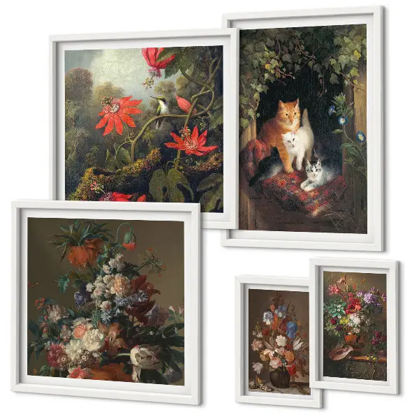 Bildergalerien-Set für die Wand mit Blumenkatzen im Vintage-Stil