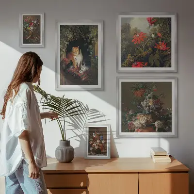 Bildergalerien-Set für die Wand mit Blumenkatzen im Vintage-Stil