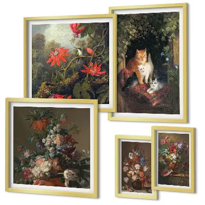 Bildergalerien-Set für die Wand mit Blumenkatzen im Vintage-Stil