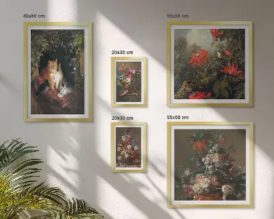 Bildergalerien-Set für die Wand mit Blumenkatzen im Vintage-Stil
