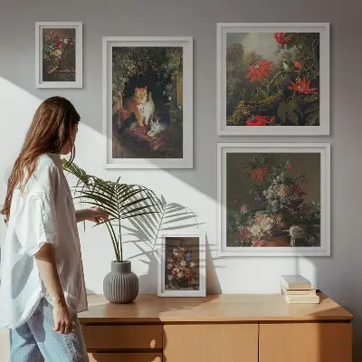 Bildergalerien-Set für die Wand mit Blumenkatzen im Vintage-Stil