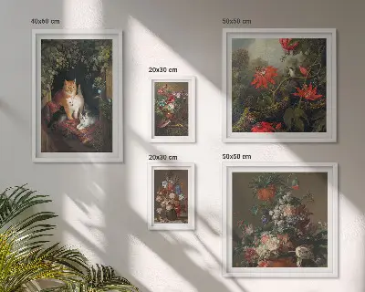 Bildergalerien-Set für die Wand mit Blumenkatzen im Vintage-Stil