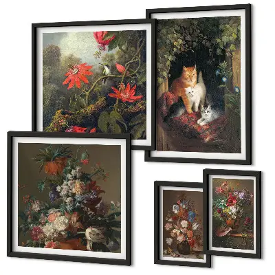 Bildergalerien-Set für die Wand mit Blumenkatzen im Vintage-Stil
