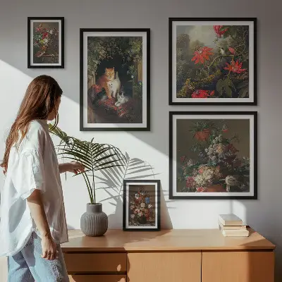 Bildergalerien-Set für die Wand mit Blumenkatzen im Vintage-Stil