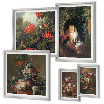 Bildergalerien-Set für die Wand mit Blumenkatzen im Vintage-Stil