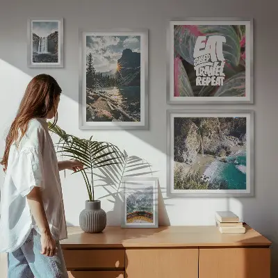 Modernes Wandbilder-Set mit Landschaften und Gebirgswasserfällen