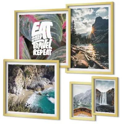 Modernes Wandbilder-Set mit Landschaften und Gebirgswasserfällen