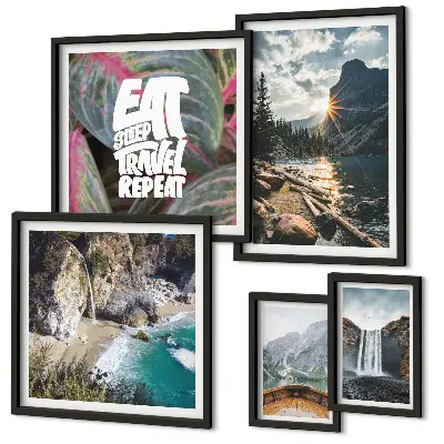 Modernes Wandbilder-Set mit Landschaften und Gebirgswasserfällen