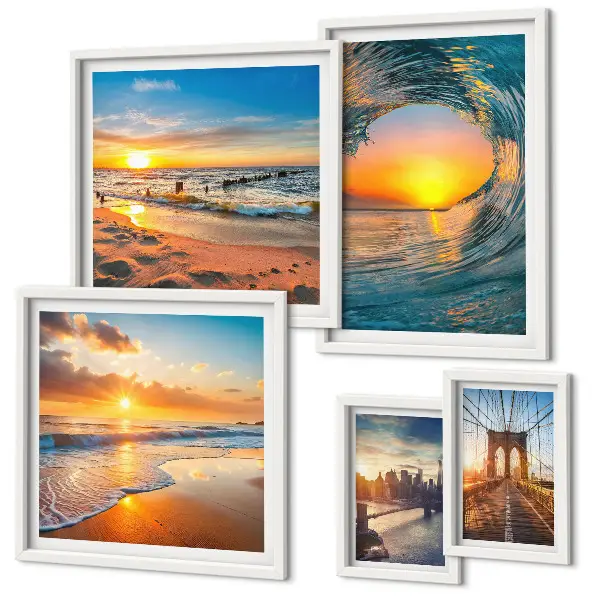 Modernes Wandbilderset Sonnenuntergänge am Meer und Stadtbrücken