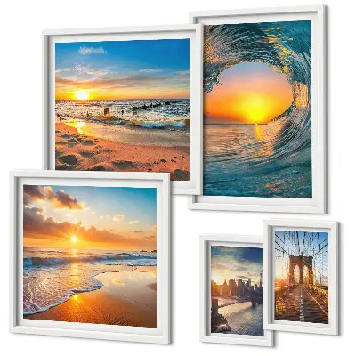Modernes Wandbilderset Sonnenuntergänge am Meer und Stadtbrücken