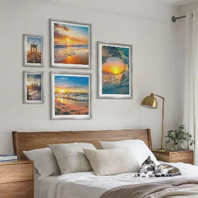 Modernes Wandbilderset Sonnenuntergänge am Meer und Stadtbrücken