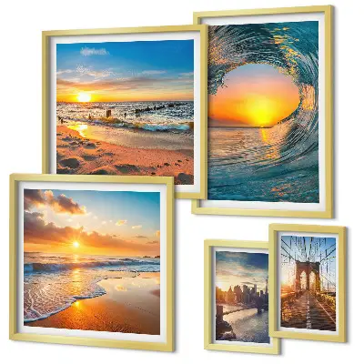 Modernes Wandbilderset Sonnenuntergänge am Meer und Stadtbrücken