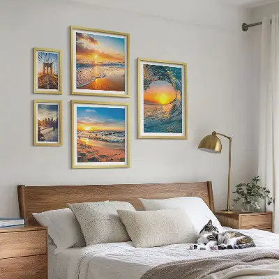 Modernes Wandbilderset Sonnenuntergänge am Meer und Stadtbrücken