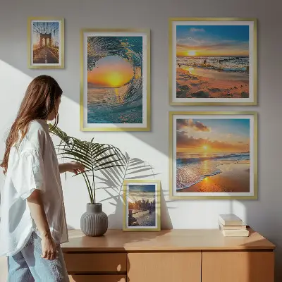 Modernes Wandbilderset Sonnenuntergänge am Meer und Stadtbrücken