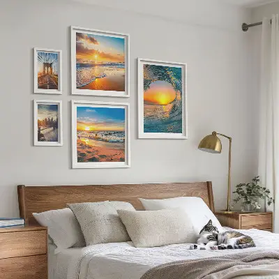 Modernes Wandbilderset Sonnenuntergänge am Meer und Stadtbrücken