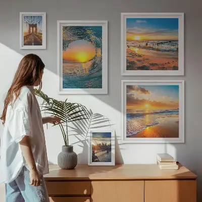 Modernes Wandbilderset Sonnenuntergänge am Meer und Stadtbrücken