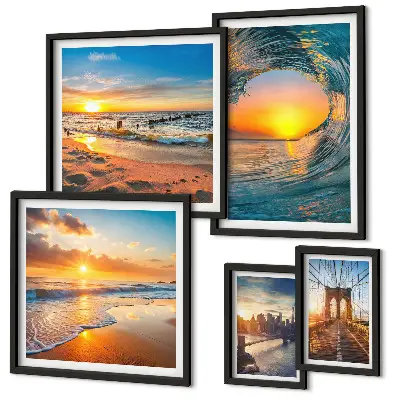 Modernes Wandbilderset Sonnenuntergänge am Meer und Stadtbrücken