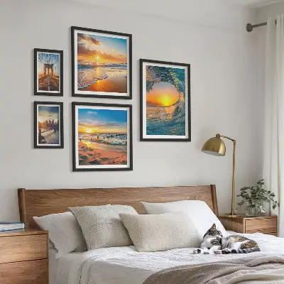 Modernes Wandbilderset Sonnenuntergänge am Meer und Stadtbrücken