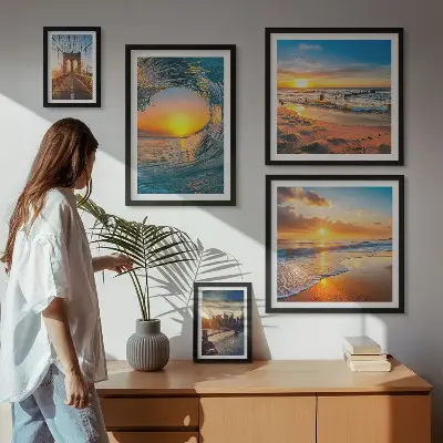 Modernes Wandbilderset Sonnenuntergänge am Meer und Stadtbrücken