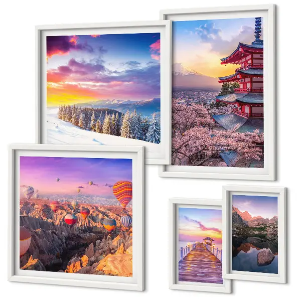 Wandbilder-Set mit asiatischem Berg- und Blumenmotiv