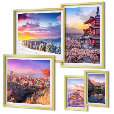 Wandbilder-Set mit asiatischem Berg- und Blumenmotiv
