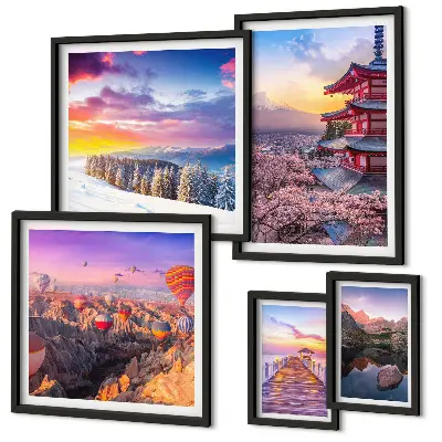 Wandbilder-Set mit asiatischem Berg- und Blumenmotiv