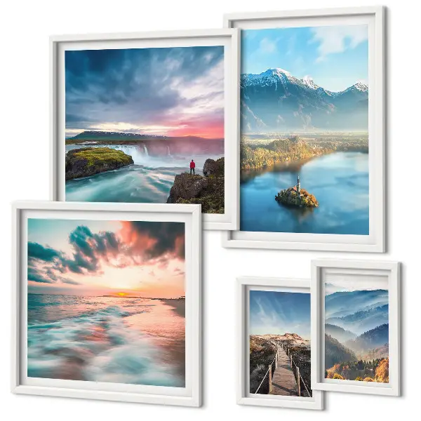 Modernes Wandbilder-Set mit Berglandschaften und Wasserfällen