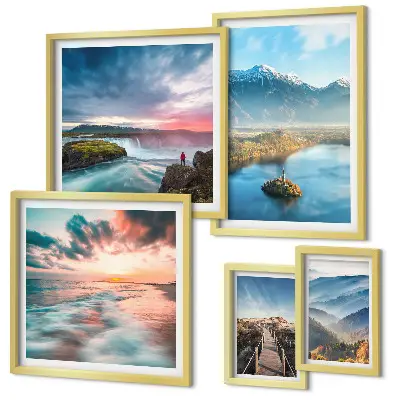 Modernes Wandbilder-Set mit Berglandschaften und Wasserfällen