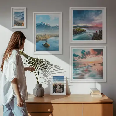 Modernes Wandbilder-Set mit Berglandschaften und Wasserfällen