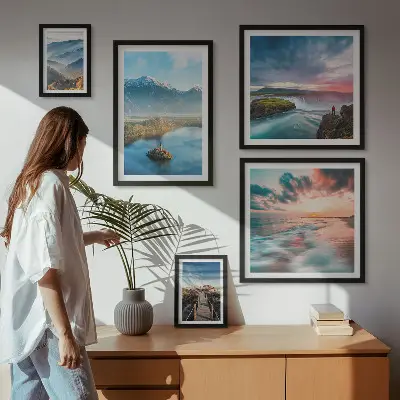 Modernes Wandbilder-Set mit Berglandschaften und Wasserfällen