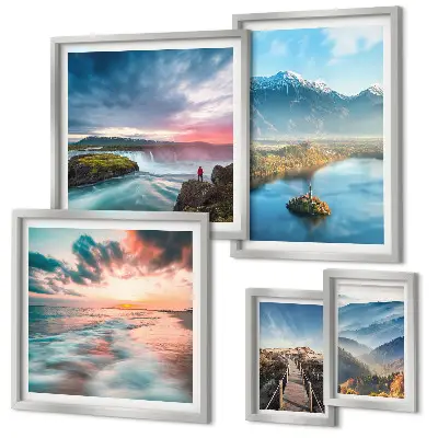Modernes Wandbilder-Set mit Berglandschaften und Wasserfällen