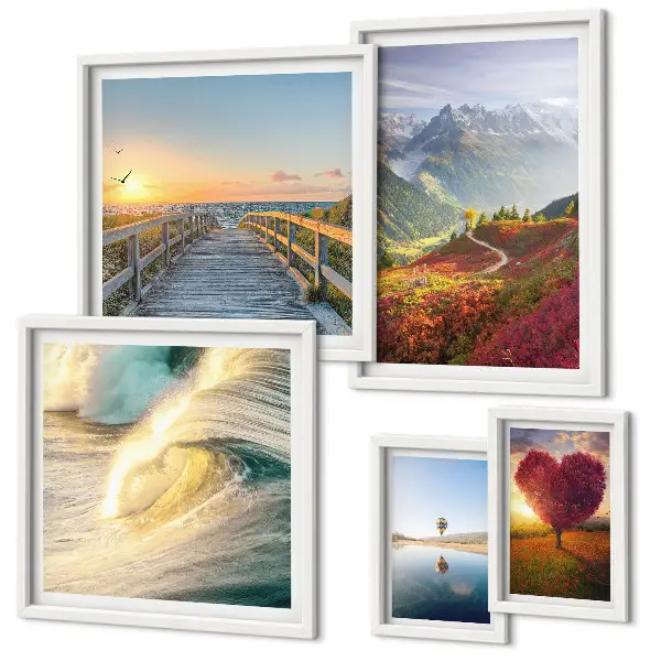 Modernes Wandbilder-Set mit Landschaften, Bergen, Herzen, Wellen und Ballons