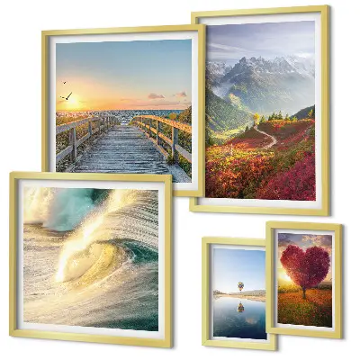 Modernes Wandbilder-Set mit Landschaften, Bergen, Herzen, Wellen und Ballons