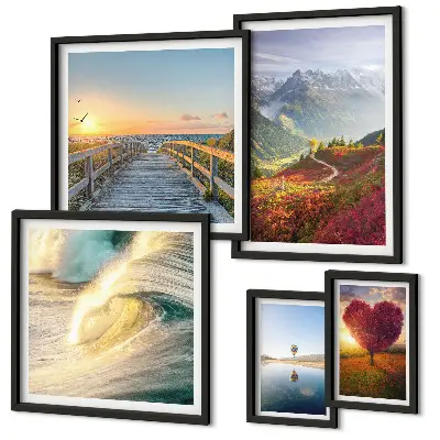 Modernes Wandbilder-Set mit Landschaften, Bergen, Herzen, Wellen und Ballons
