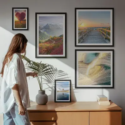 Modernes Wandbilder-Set mit Landschaften, Bergen, Herzen, Wellen und Ballons