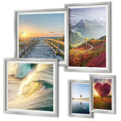 Modernes Wandbilder-Set mit Landschaften, Bergen, Herzen, Wellen und Ballons