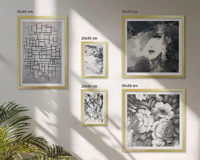 Bilderset für das Sofa mit abstrakten Blumen und modernem Porträt