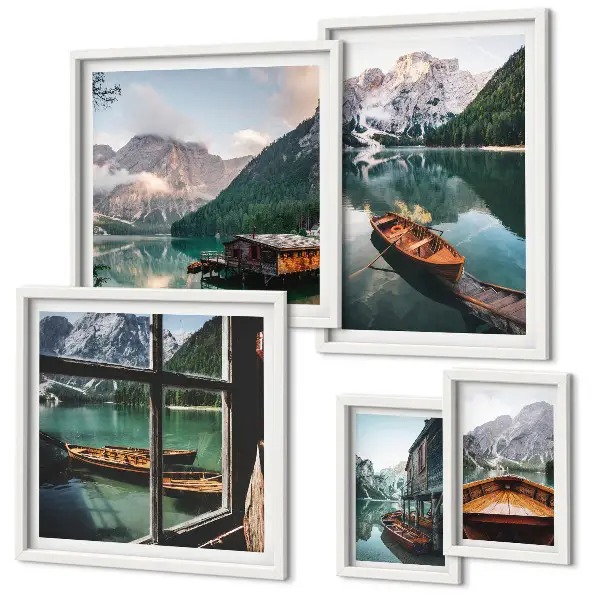 Wandbilder-Set mit Motiven von Seen, Bergen, Booten und Landschaften