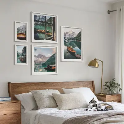 Wandbilder-Set mit Motiven von Seen, Bergen, Booten und Landschaften