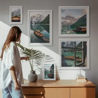 Wandbilder-Set mit Motiven von Seen, Bergen, Booten und Landschaften
