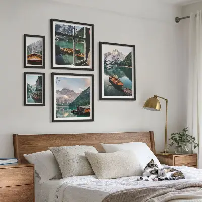 Wandbilder-Set mit Motiven von Seen, Bergen, Booten und Landschaften