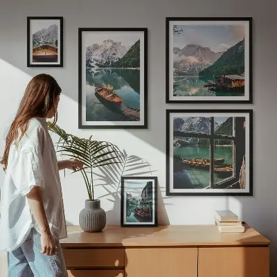 Wandbilder-Set mit Motiven von Seen, Bergen, Booten und Landschaften