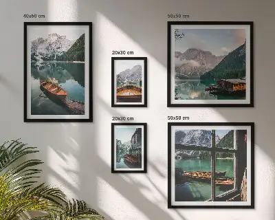 Wandbilder-Set mit Motiven von Seen, Bergen, Booten und Landschaften