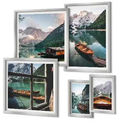 Wandbilder-Set mit Motiven von Seen, Bergen, Booten und Landschaften