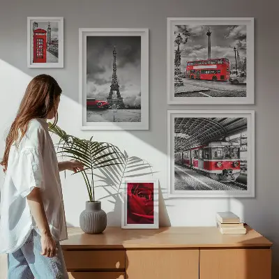 Modernes Wandbilderset mit architektonischen Ikonen und Fahrzeugen