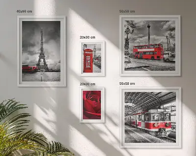 Modernes Wandbilderset mit architektonischen Ikonen und Fahrzeugen
