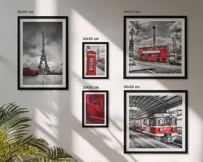 Modernes Wandbilderset mit architektonischen Ikonen und Fahrzeugen