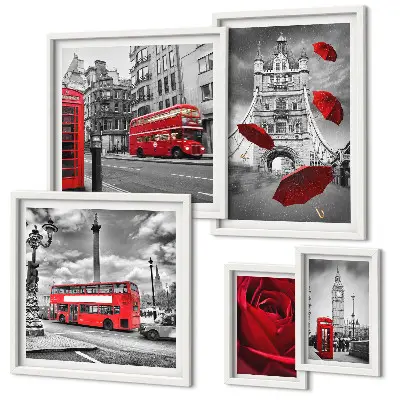 Modernes Wandbilderset mit Londoner Motiven und roten Akzenten